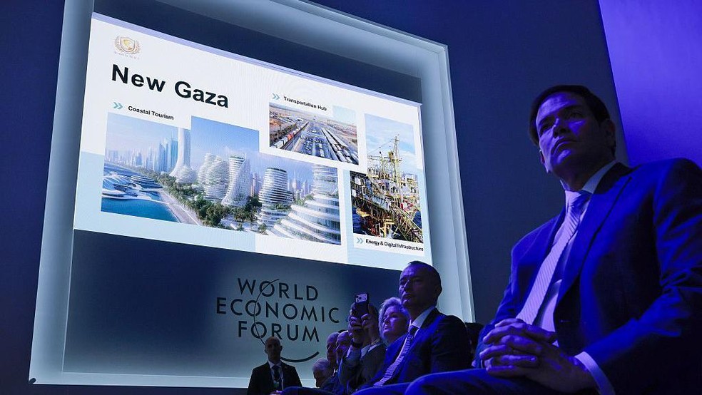 O plano americano para a 'Nova Gaza' foi apresentado no Fórum Econômico Global de Davos, na Suíça — Foto: BBC News fonte