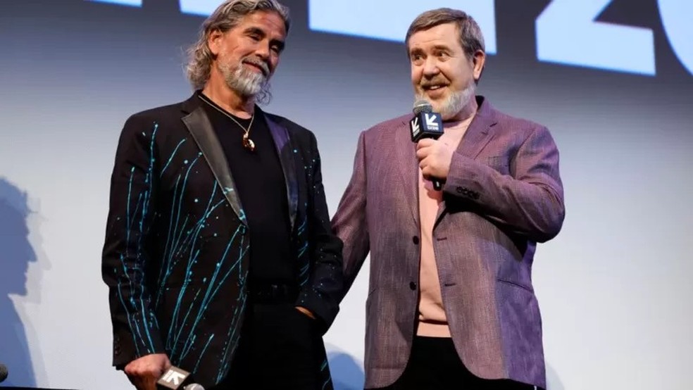 Henk Rodgers e Alexey Pajitnov falando sobre Tetris no SXSW 2023 — Foto: Getty Images