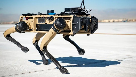 Equipe de Fuzileiros Navais dos EUA testa cães-robôs com rifle e comandados por IA