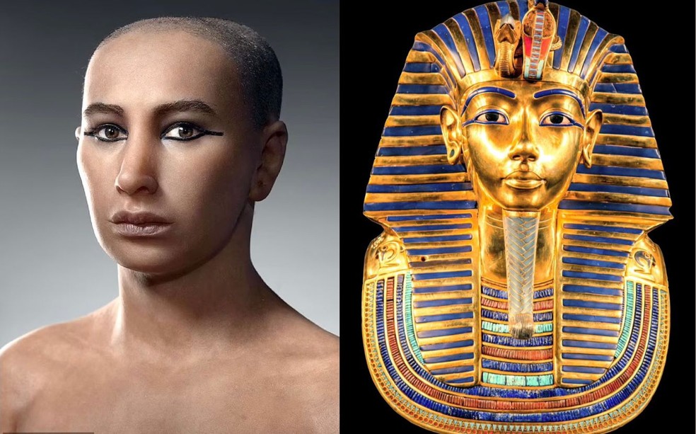 Equipe internacional conseguiu reconstruir o rosto do rei Tutancâmon,  — Foto: Divulgação/Getty Images/Montagem de Época NEGÓCIOS