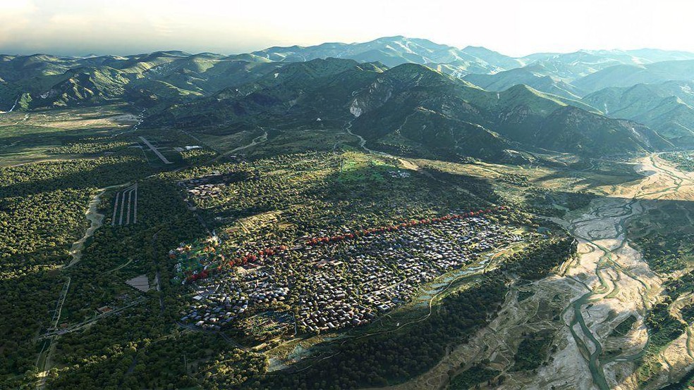 Representação da 'Cidade da Atenção Plena de Gelephu', que está sendo planejada como uma cidade independente dentro do reino — Foto: BBC News fonte