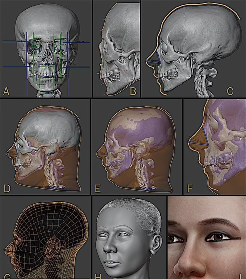O projeto para recriar o rosto e a cabeça de Tutancâmon foi feito a partir de uma série de escaneamentos em 3D visto progredindo em uma série de varreduras — Foto: Divulgação/Cícero Moraes/PRNews