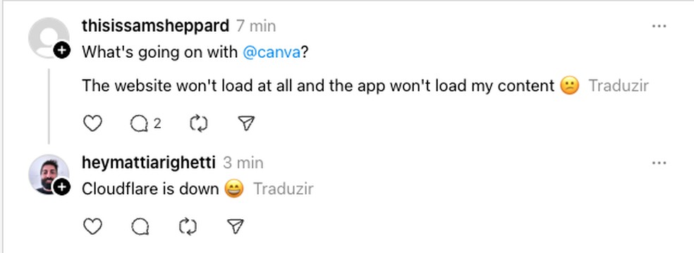 No Threads, usuários reclamam da queda de serviços atrelados ao Cloudfare — Foto: Reprodução/Threads