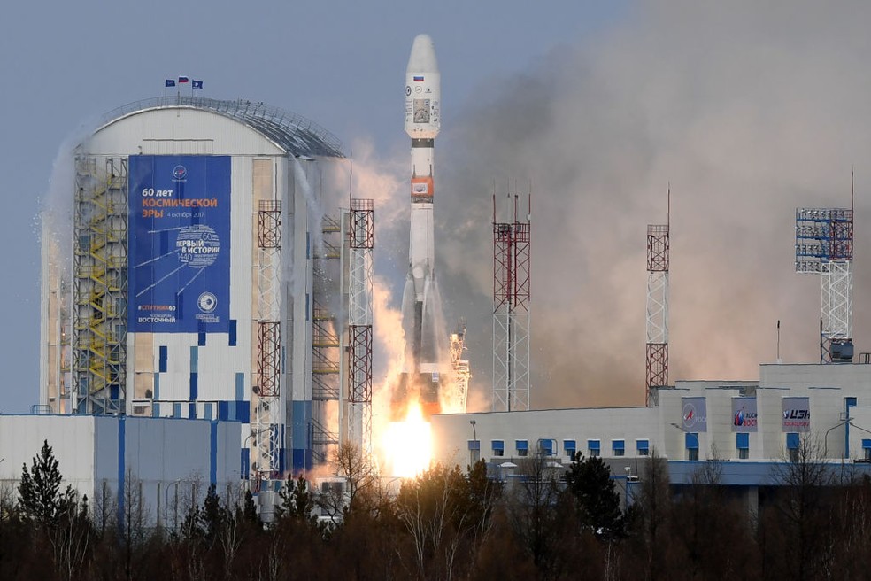Plataforma de lançamento no cosmódromo Vostochny fora da cidade de Uglegorsk, cerca de 200 kms da cidade de Blagoveshchensk, na Rússia — Foto: Getty Images