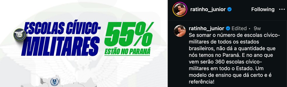 Só em 2025 o governador do Paraná Ratinho Júnior publicou em sua conta no Instagram ao menos onze vezes sobre escolas cívico-militares — Foto: BBC News fonte
