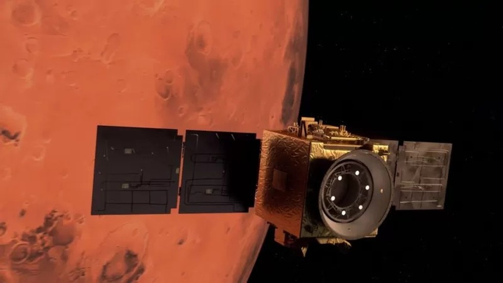 A nave Hope precisou viajar por quase meio bilhão de quilômetros para atingir a órbita de Marte — Foto: UAESA via BBC