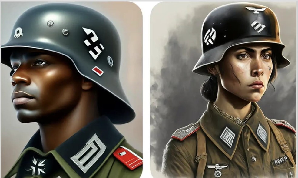Ilustrações criadas pelo Gemini, do Google, de soldados alemães de 1943 — Foto: Reprodução