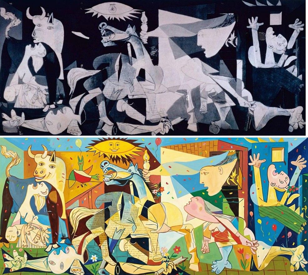 Guernica, de Pablo Picasso (acima) e imagem gerada por IA (abaixo) — Foto: Reprodução pablopicasso.org e reprodução LinkedIn Ethan Mollick