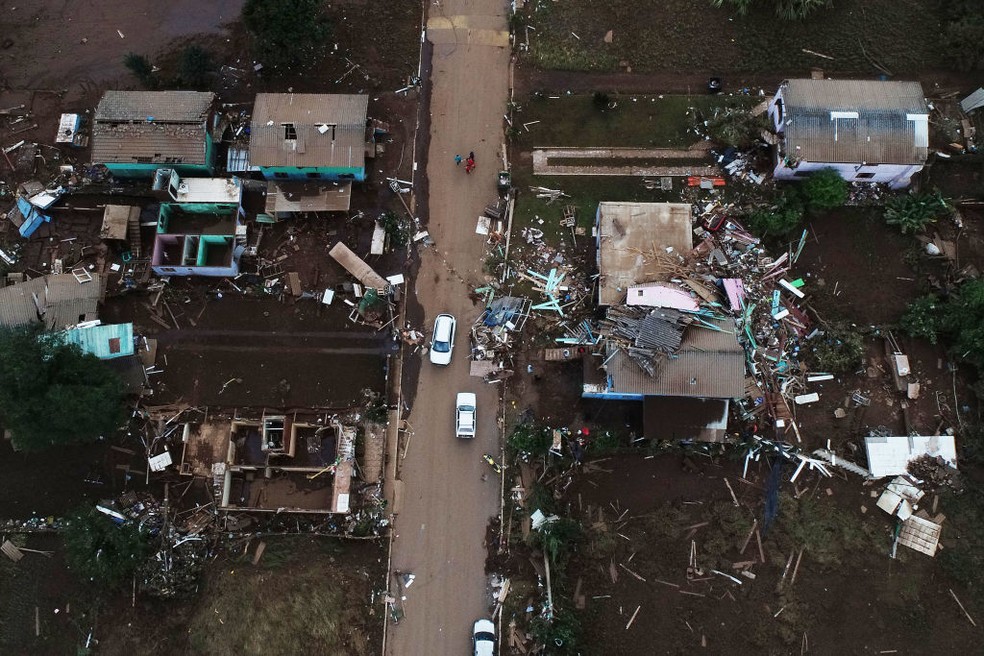 Vista aérea dos danos causados ​​pelo ciclone no Rio Grande do Sul, em 7 de setembro de 2023 — Foto: Getty Images