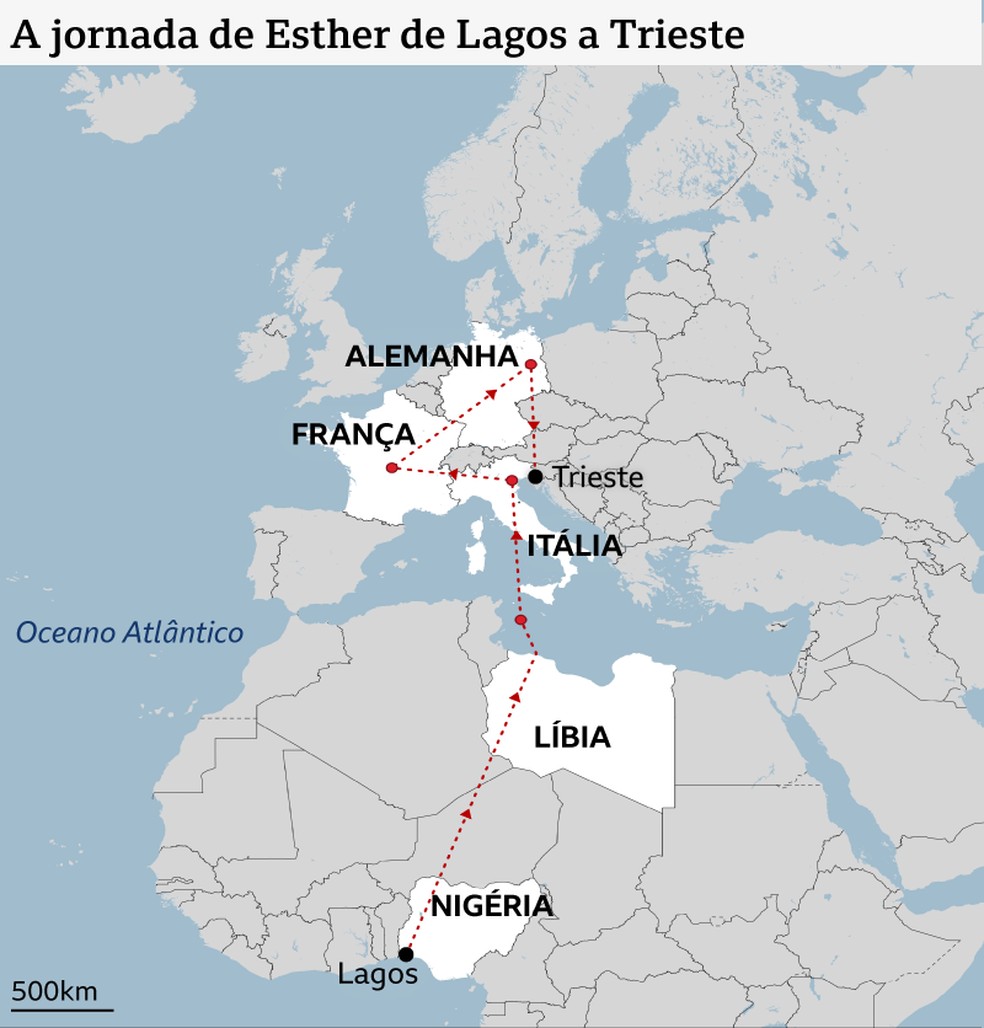 A jornada de Esther da Nigéria à Líbia, Itália, França, Alemanha e retorno à Itália — Foto: BBC News fonte