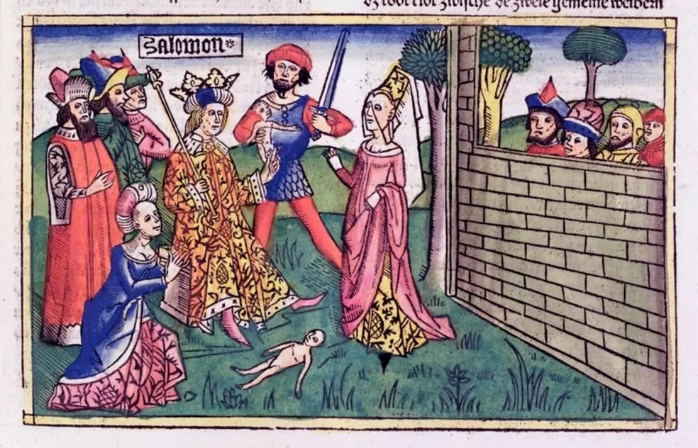 Representação do paradoxo de Salomão em manuscrito alemão do século 15 — Foto: GETTY IMAGES via BBC