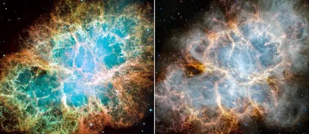 À esquerda, imagem gerada pelo Hubble em 2005; na direita, imagem revelada nesta semana pela NASA — Foto: NASA, ESA, J. Hester, A. Loll (Arizona State University); NASA, ESA, CSA, STScI, T. Temim (Princeton University)
