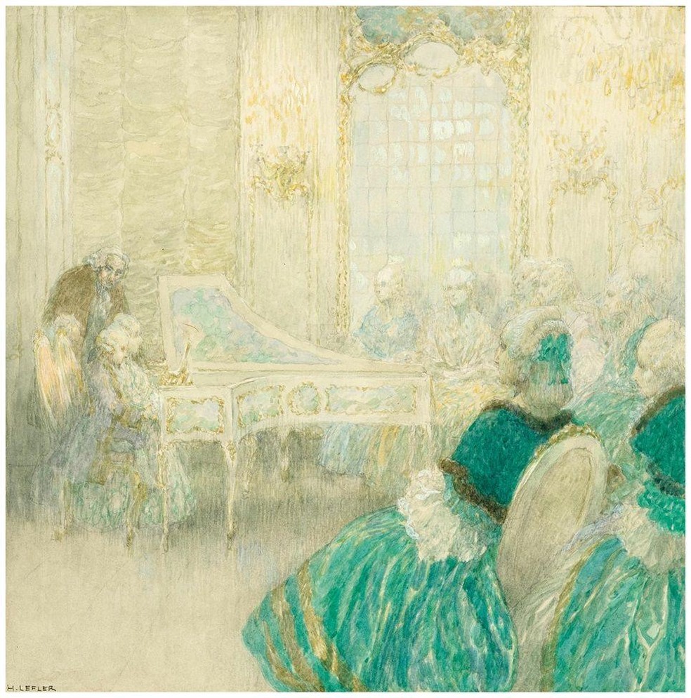 Os dois irmãos Mozart, lado a lado, dando um concerto em 1762. Obra do artista Heinrich Lefler. — Foto: BBC News fonte