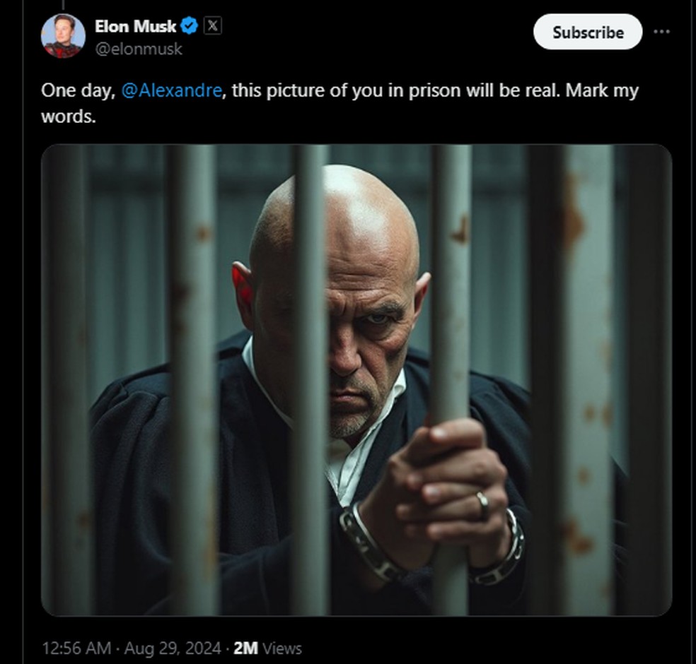 Musk publica imagens geradas por IA de Alexandre de Moraes em ...