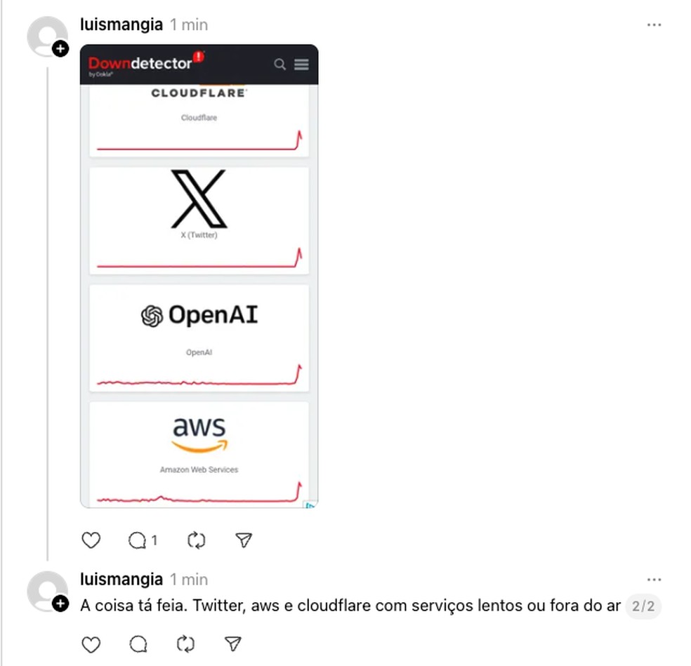 Usuário do Threads mostra os diversos serviços afetados pela instabilidade do Cloudfare — Foto: Reprodução/Threads