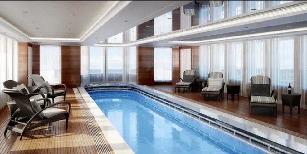 O superiate conta com uma piscina interna, que pode se transformar em uma pista de dança — Foto: H2 Yacht Design