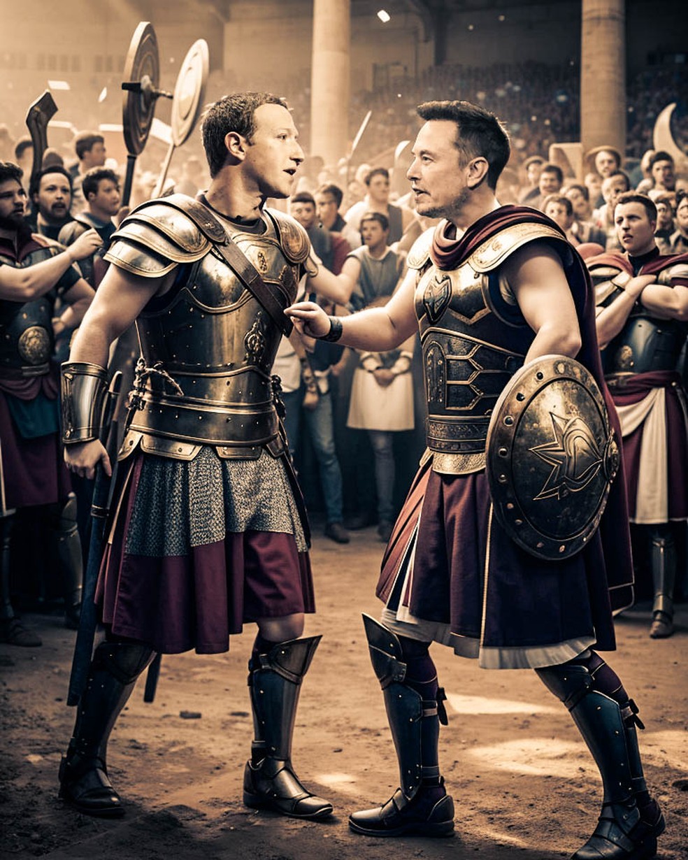 Nessa imagem, o Midjourney imaginou os bilionários como dois gladiadores — Foto: Midjourney