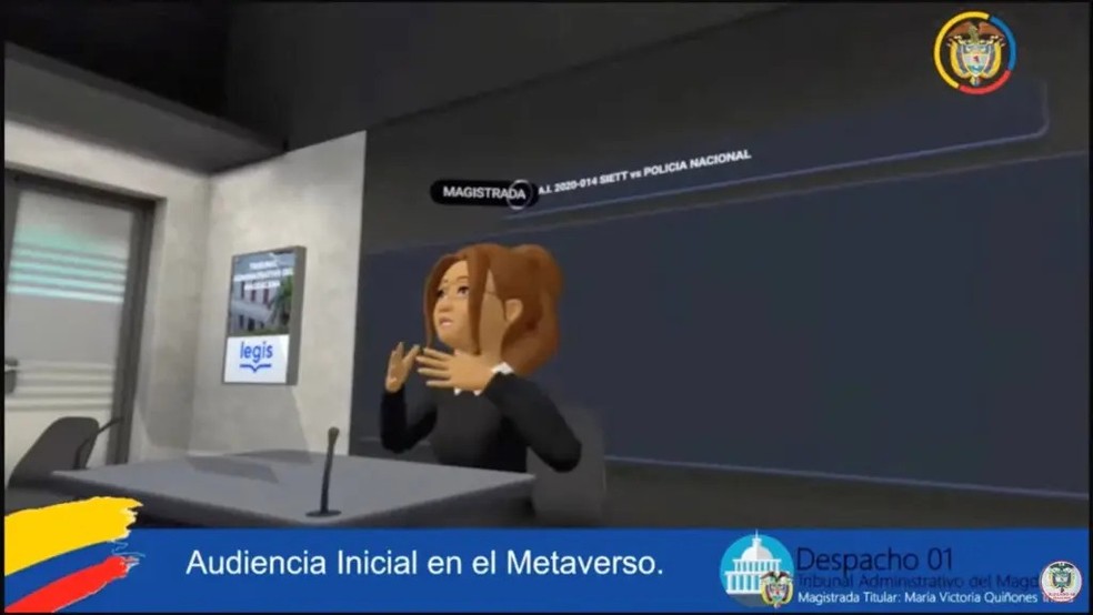 O avatar da juíza Maria Quinones estava vestido de toga preta durante a audiência no metaverso — Foto: Reprodução