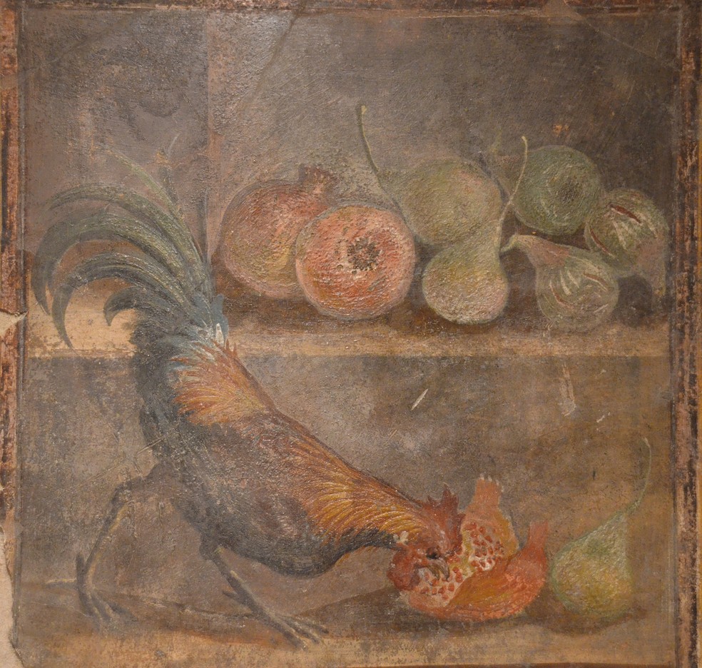 Pintura de galo e frutas da Casa dos Amantes Virtuosos — Foto: Wikimedia Commons