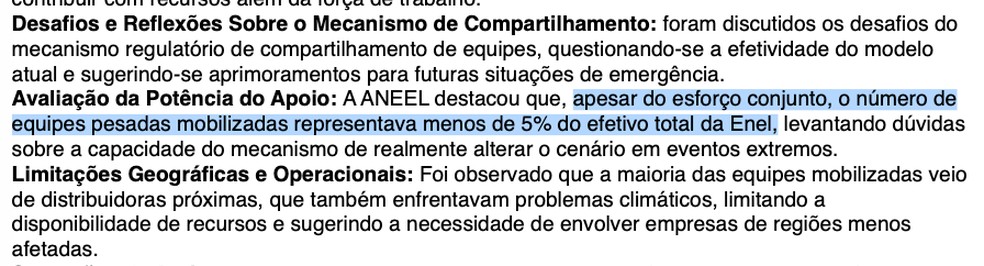 Trecho de documento da Aneel com resumo sobre reunião com as concessionárias aponta falhas no apoio externo à operação para reestabelecer a energia em SP — Foto: BBC News fonte