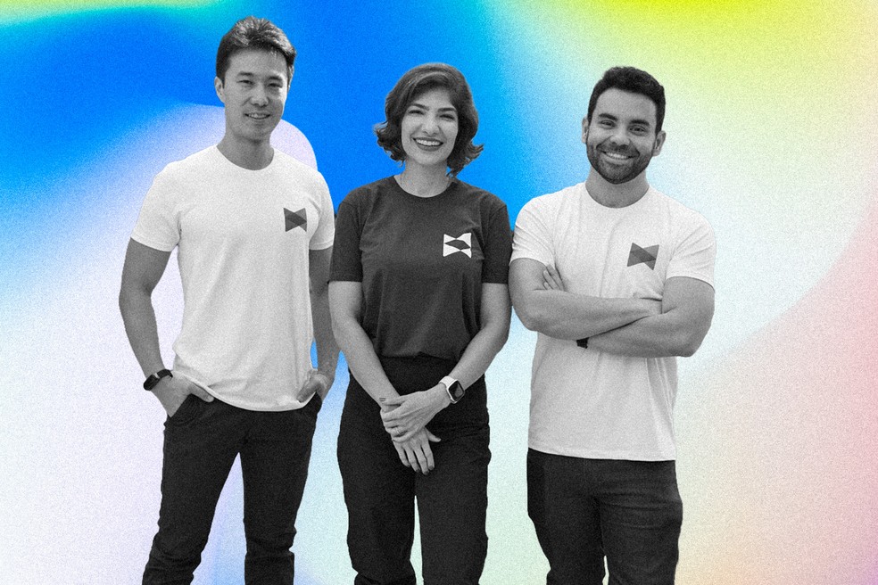 Marco Kohara, Daniella Castro e Vinicius Ribeiro são os fundadores da Huna — Foto: Divulgação/Arte EN