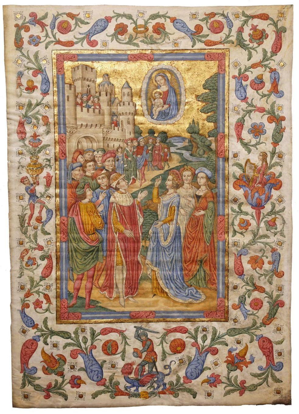 A Sibila Tiburtina e o imperador Augusto em uma das obras do "falsificador espanhol", que no século 19 pintava sobre folhas de velino ou pergaminho de livros medievais autênticos — Foto: BBC News fonte