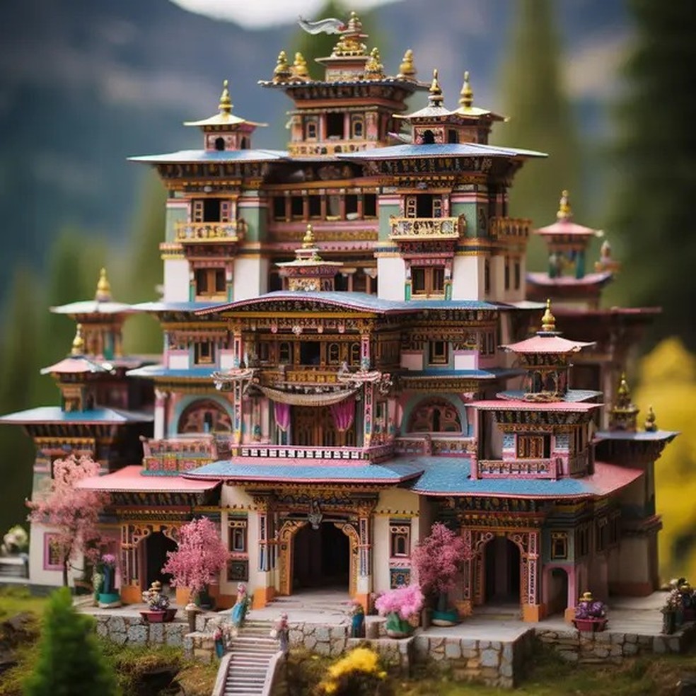 No Butão, a casa da Barbie gerada por IA lembra muito um templo — Foto: Amy Glover/Midjourney