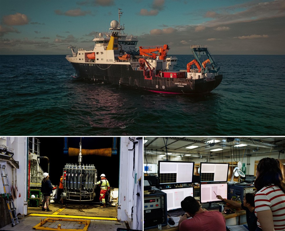 Câmaras de águas profundas e ecossondas foram baixadas do costado do navio de pesquisa para coletar material — Foto: BBC News fonte