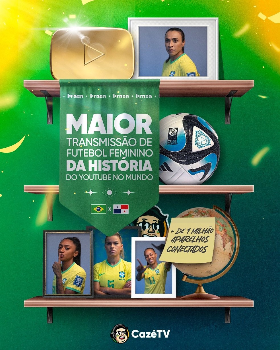 CazéTV atinge recorde de audiência em transmissão do primeiro jogo da Seleção Brasileira Feminina na Copa do Mundo — Foto: Reprodução/Twitter (CazéTV)