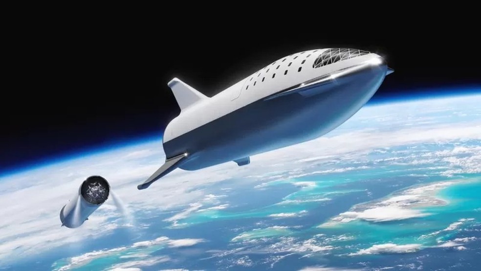 Starship após separação do foguete — Foto: SpaceX via BBC News