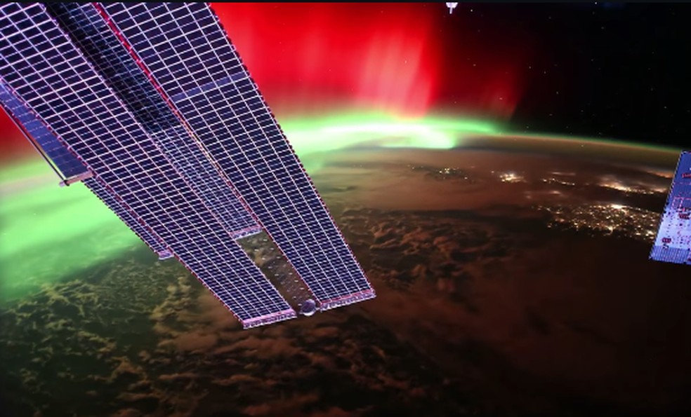 Aurora boreal é registrada da Estação Espacial durante a mais forte tempestade solar em 20 anos — Foto: Reprodução/Redes Sociais