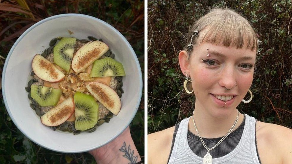 Yeshe Sander e seu mingau, coberto por sementes de chia, linhaça moída, leite vegetal, maçã, kiwi, sementes de abóbora, canela, nozes, manteiga de amendoim e um pouco de mel — Foto: BBC News fonte