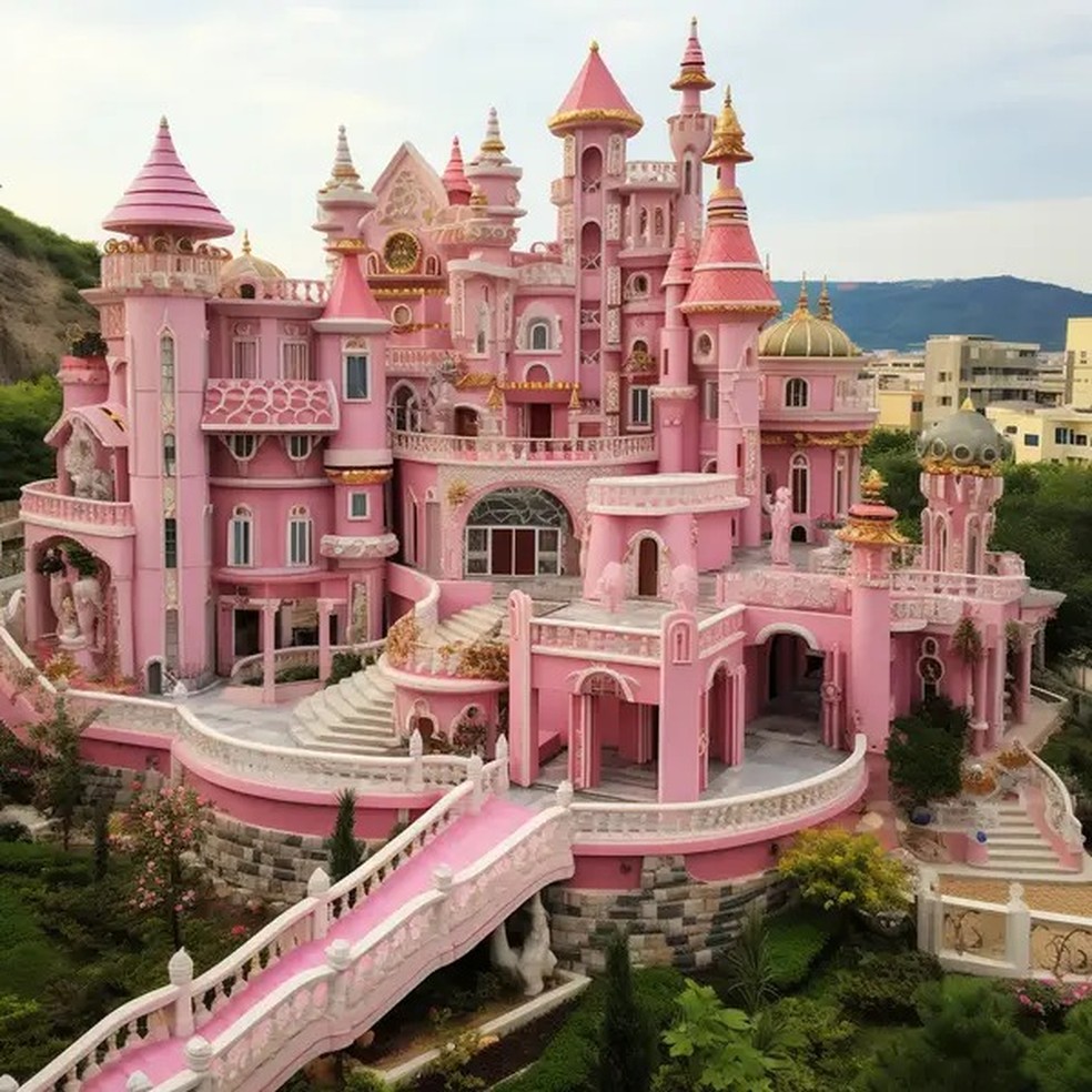 No Azerbaijão, a casa da Barbie parece um castelo, inspirado na arquitetura medieval do país — Foto: Amy Glover/Midjourney