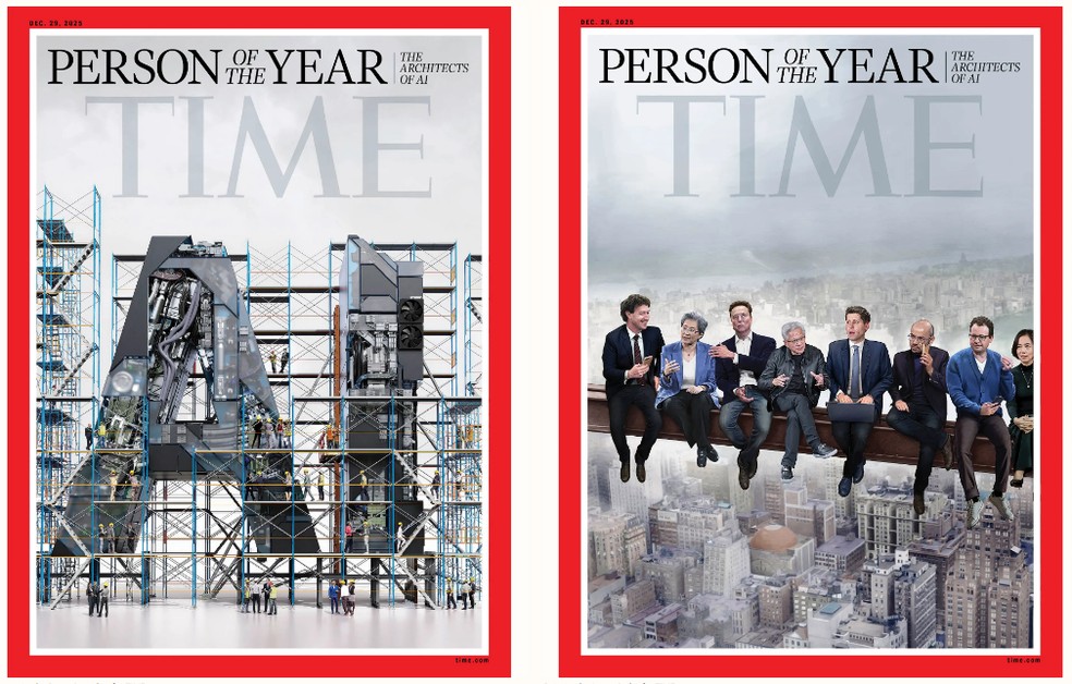 Elon Musk, Mark Zuckerberg, Elon Musk, Jensen Huang e outros CEOs de big techs aparecem na capa da revista Time, que escolheu 'arquitetos da IA' como pessoas do ano em 2025 — Foto: Reprodução/Site da Revista Time