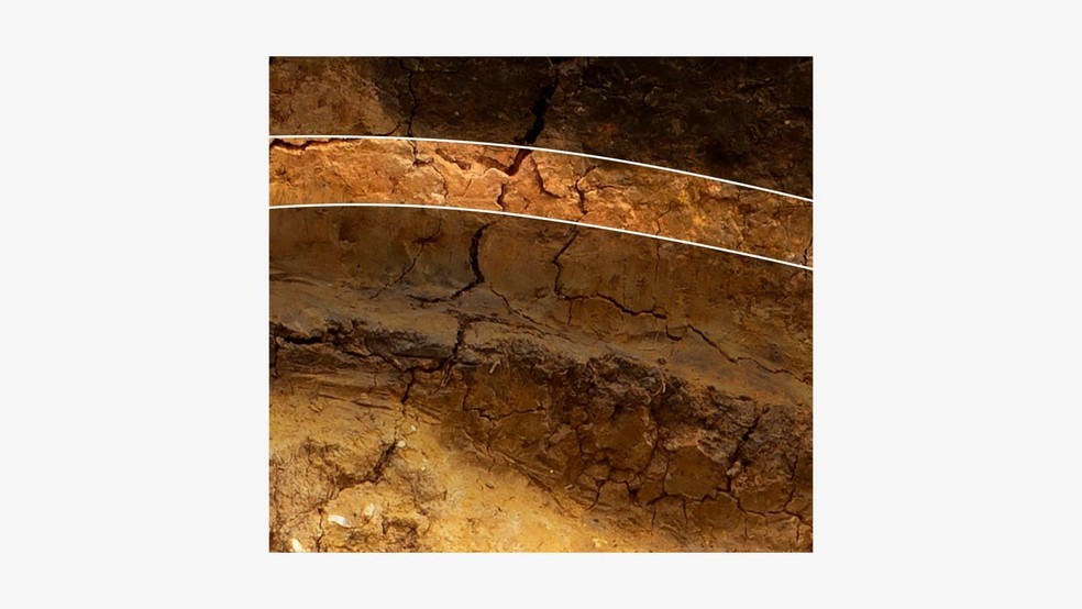 Mas esta é a camada importante. É a mesma argila marrom-amarelada de baixo, mas com coloração um pouco mais avermelhada — Foto: BBC News fonte