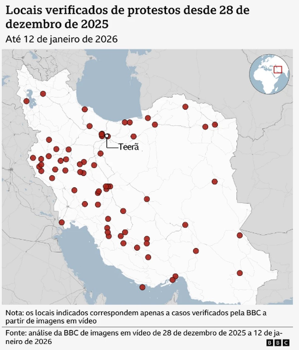 Locais verificados de protestos — Foto: BBC News