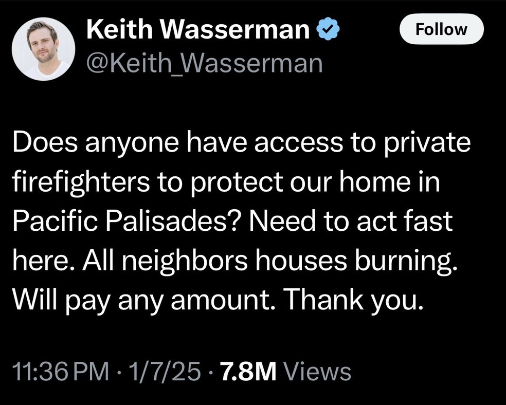 Post de Keith Wasserman no X — Foto: Reprodução