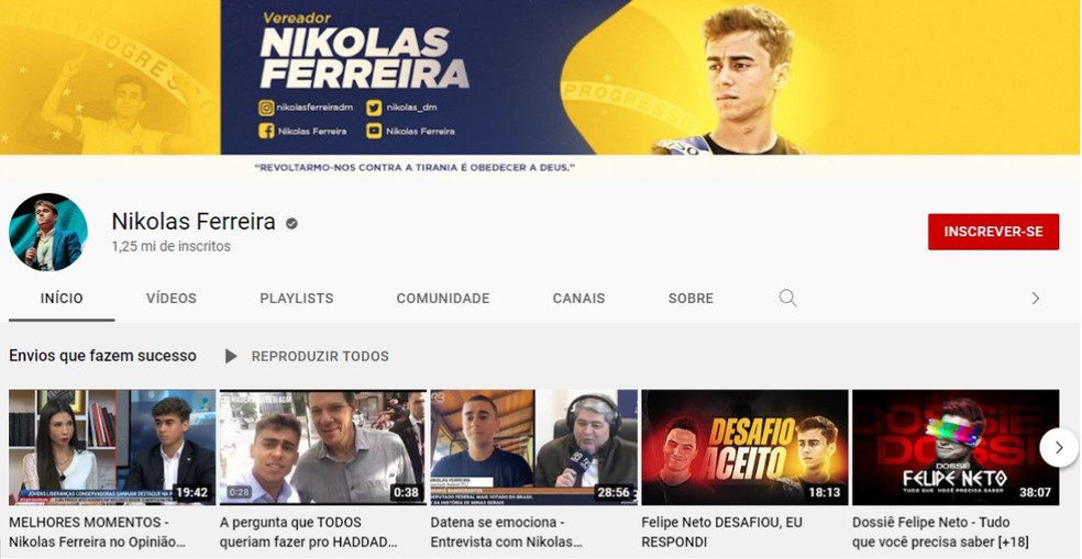 Canal no YouTube do deputado federal Nikolas Ferreira — Foto: Reprodução/Youtube