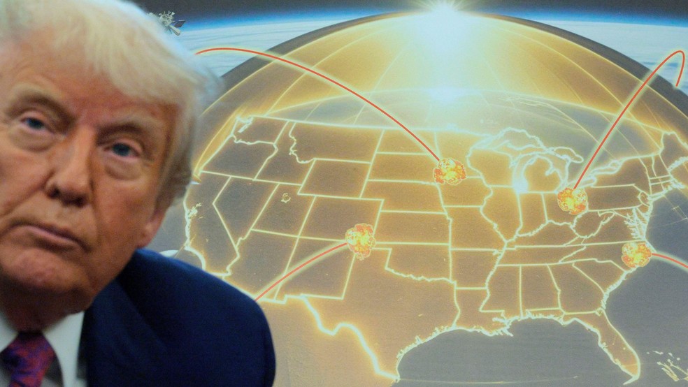 O Domo de Ouro seria "capaz até mesmo de interceptar mísseis lançados do outro lado do mundo, ou lançados do espaço", disse Trump — Foto: BBC News fonte