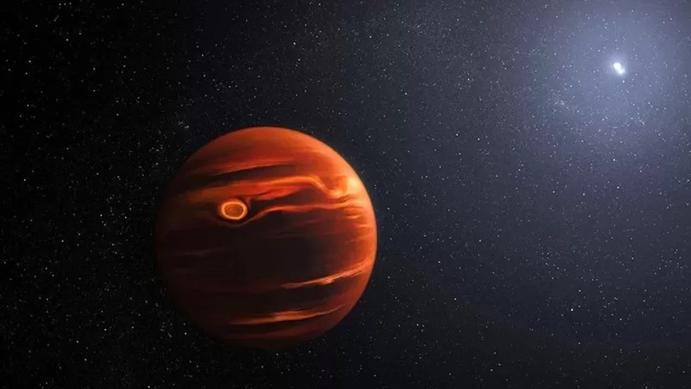 Ilustração do VHS 1256b: esse planeta leva cerca de 10 mil anos para dar a volta em torno de suas duas estrelas-mãe — Foto: NASA/ESA/CSA/J.OLMSTED(STSCI) via BBC