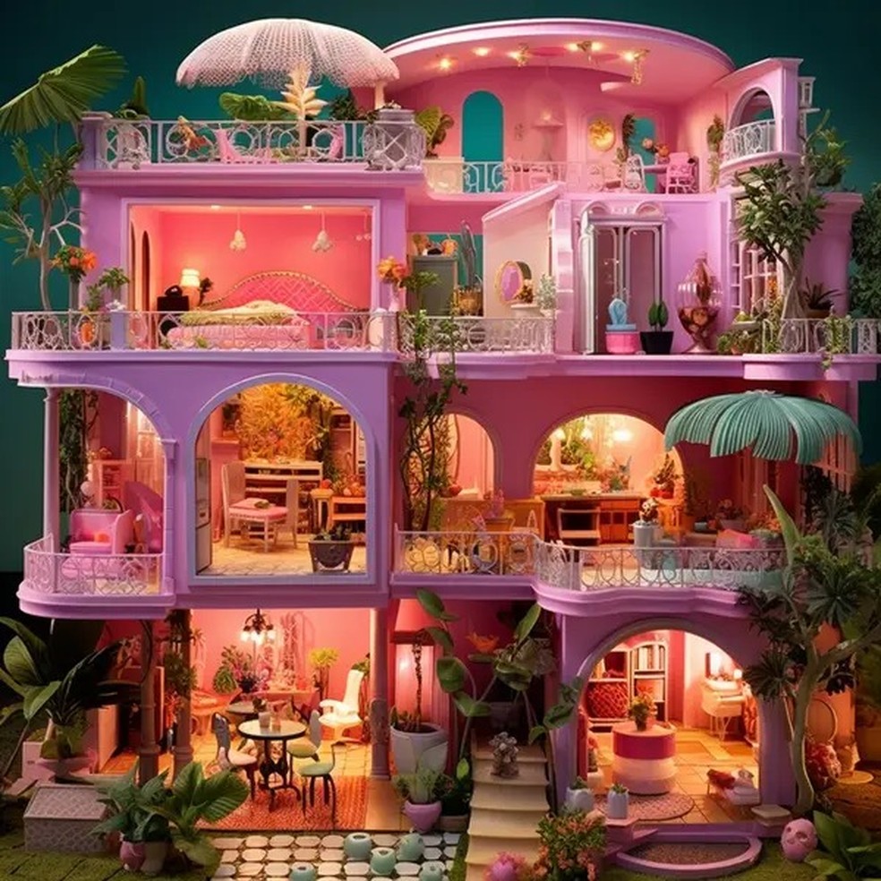 A casa da Barbie no Brasil tem um conceito mais tropical, com palmeiras e várias luzes — Foto: Amy Glover/Midjourney