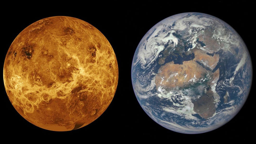 Os cientistas suspeitam que Theia e a Terra tinham uma composição básica semelhante, assim como Vênus (à esquerda) e a Terra (à direita) compartilham propriedades semelhantes — Foto: BBC News fonte