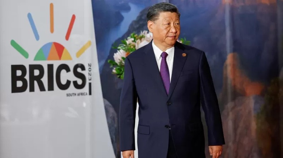 Xi Jinping na conferência do Brics, que acontece na África do Sul — Foto: REUTERS via BBC