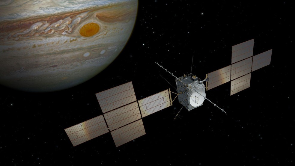 O Explorador das Luas Geladas de Júpiter (Juice, na sigla em inglês), da Agência Espacial Europeia, deve observar o 3I/Atlas ainda em novembro, com o cometa em estado ativo após passar pelo seu ponto mais próximo do Sol — Foto: BBC News fonte
