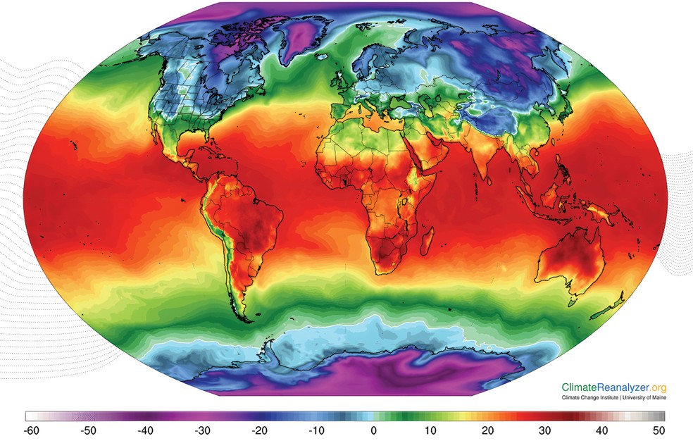 Temperaturas globais medidas pelo modelo meteorológico CFSv2 em 28 de novembro de 2023 (em °C) — Foto: Fontes: Painel Intergovernamental sobre Mudança Climática (IPCC); Relatório sobre a Lacuna de Emissões 2023 do Programa das Nações Unidas para o Meio Ambiente (Pnuma); Inpe (Instituto Nacional de Pesquisas Espaciais);”Hydrogen for Net Zero” (2021), Hydrogen Council e McKinsey; “The net-zero transition”(2022)