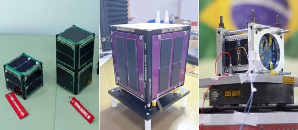 magem dos satélites FloripaSat (esquerda); do sistema SNI-GNSS (centro); e do satélite PION-BR2 (direita) — Foto: Reprodução: FAB / Innospace / UFMA