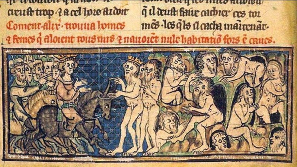 Ilustração medieval do encontro de Alexandre Magno com os gimnosofistas (por volta de 1420) — Foto: BBC Mundo