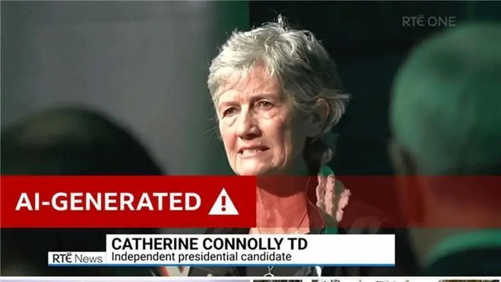 Montagem indica que vídeo de candidata foi gerado por IA — Foto: BBC News