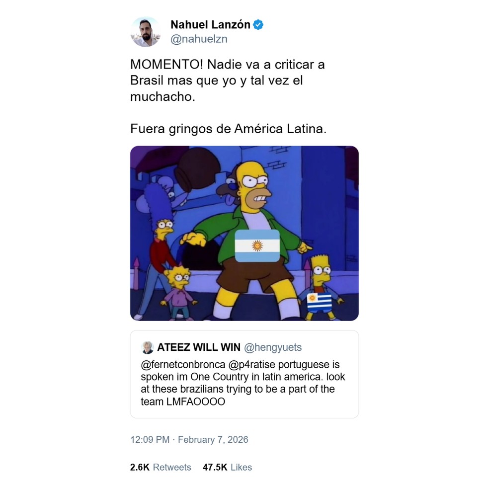 O argentino Nahuel Lanzón foi um dos hermanos a defender a honra latina do Brasil: 'PERA AÍ! Ninguém vai criticar o Brasil mais do que eu. Fora gringos da América Latina' — Foto: BBC News fonte