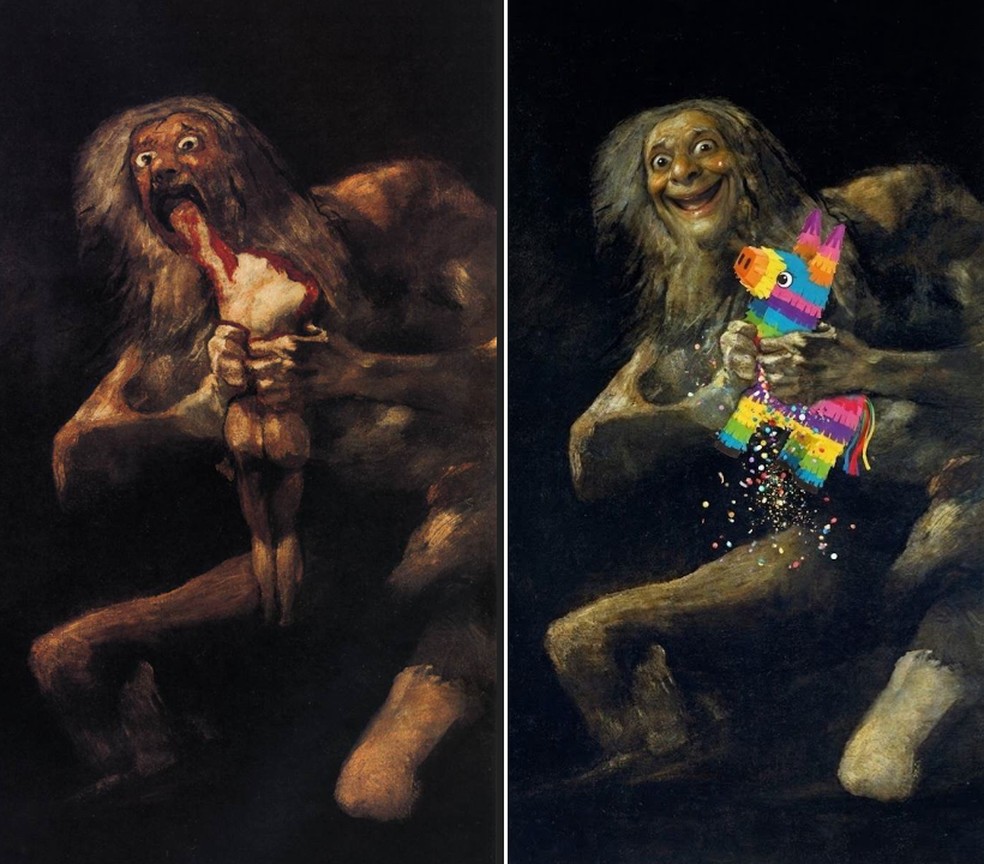 Saturno devorando a seu filho (à esq.) e imagem gerada por IA (à dir.) — Foto: Commons Wikimedia e reprodução LinkedIn/Ethan Mollick